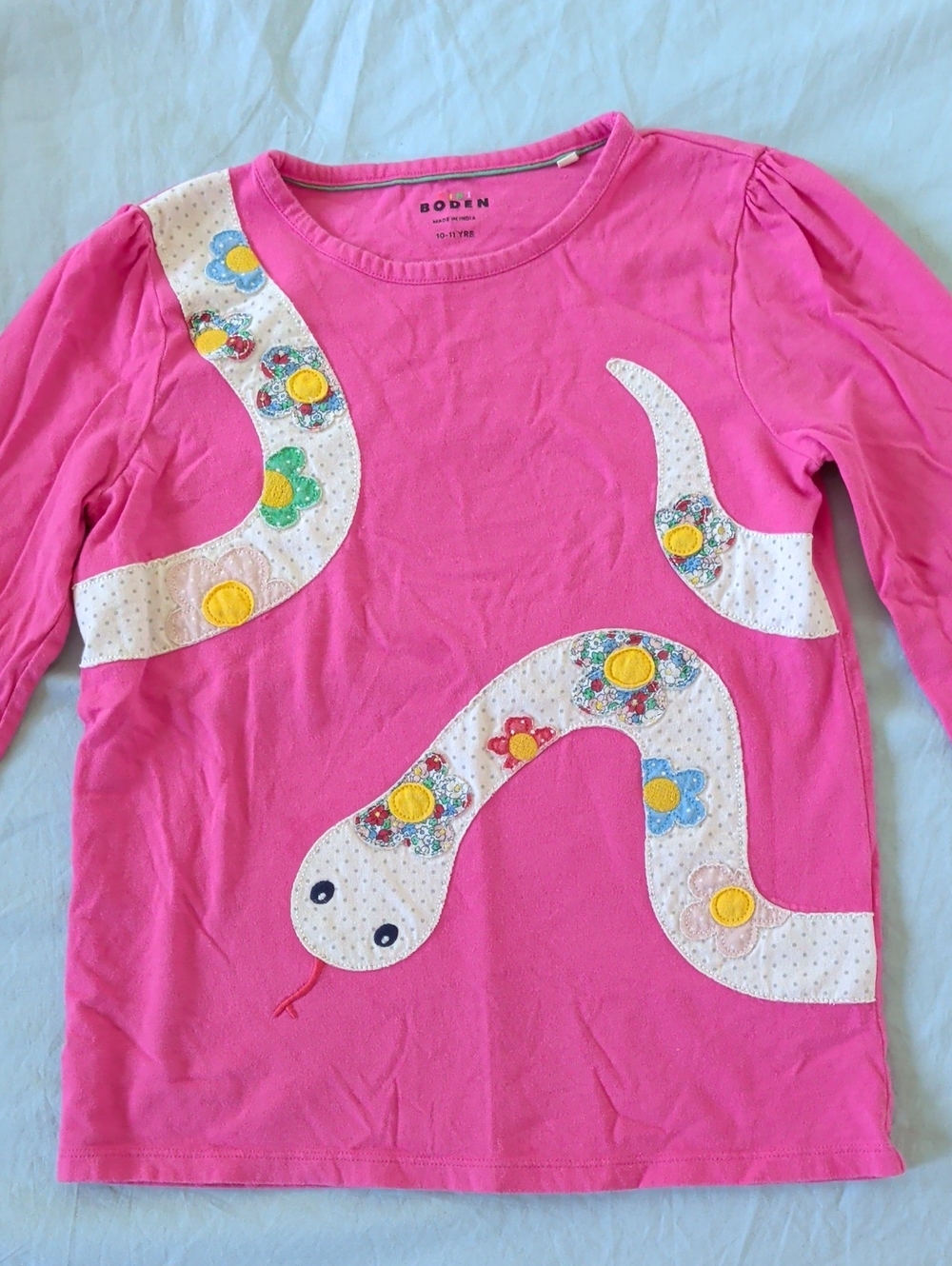Boden Girls' Pink Long-Sleeve Applique Snake Top, Size 10-11